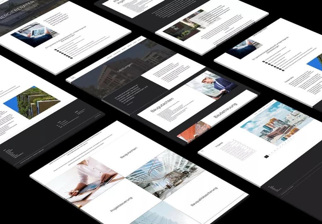 Pages of the Martinaj Baugutachten website in an overview