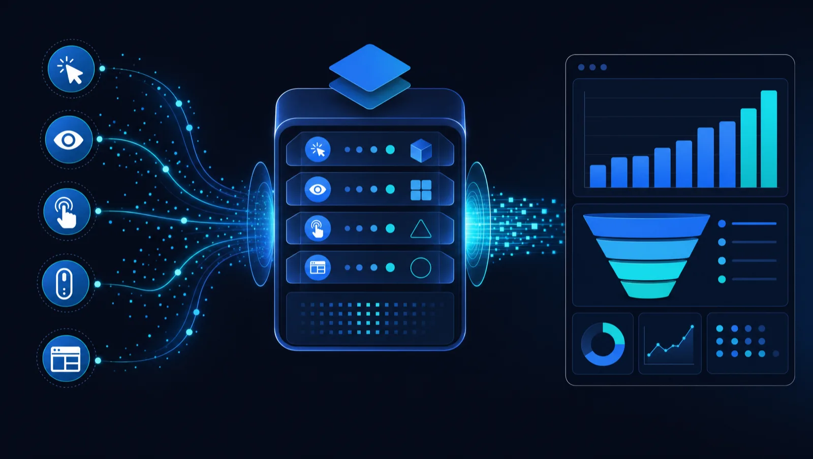 Übersicht der Tracking-Architektur 2026: Datenquelle Website fließt über den Google Tag Manager als zentrale Verteilstelle an GA4, Google Ads und Meta, ergänzt um serverseitiges Tracking
