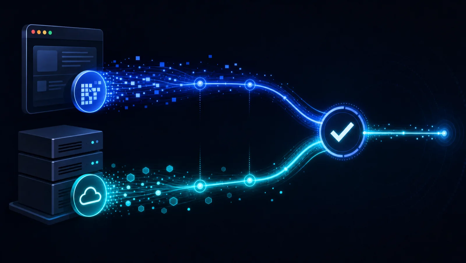 Funktionsweise von Google Consent Mode v2: Ein Cookie-Banner einer Consent-Management-Plattform steuert vier Einwilligungsparameter, die das Verhalten der Google-Tags zwischen Basic- und Advanced-Modus regeln